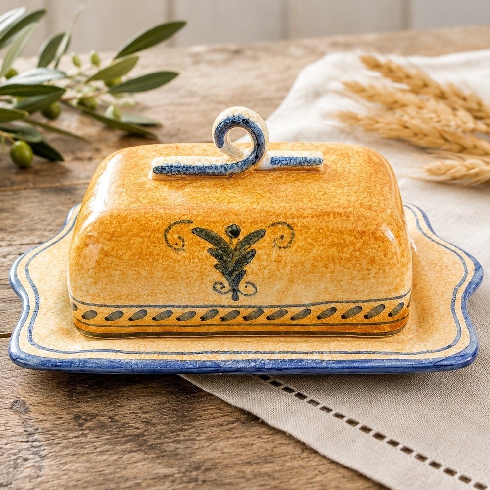 Vietri Campagna Butter Dish Hand Painted Italian Ceramic Yellow Blue Scrolled